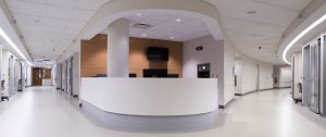 Seamless commercial sheet vinyl flooring installed around a curved hospital nurse station and corridors by All Floors Commercial.